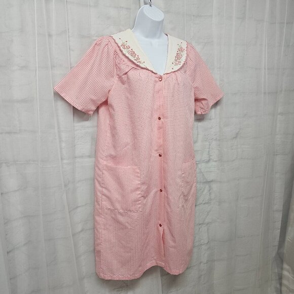 Dreamcrest Pink Gingham Pearl Snap House Dress Nightgown Lounge M - Picture 7 of 14
